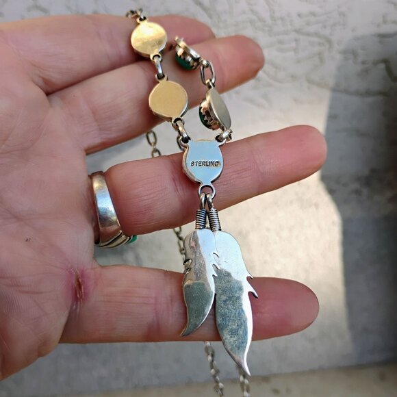 Southwest Native Style Turquoise Sterling Silver Feather Dangle Lariat Necklace - Picture 5 of 9